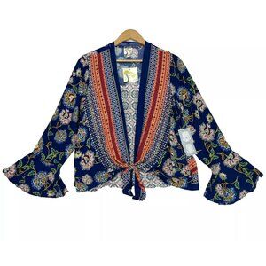 Fig & Flower NWT Floral Tie Front‎ Bell Sleeve Rayon Top Blouse Boho Festival